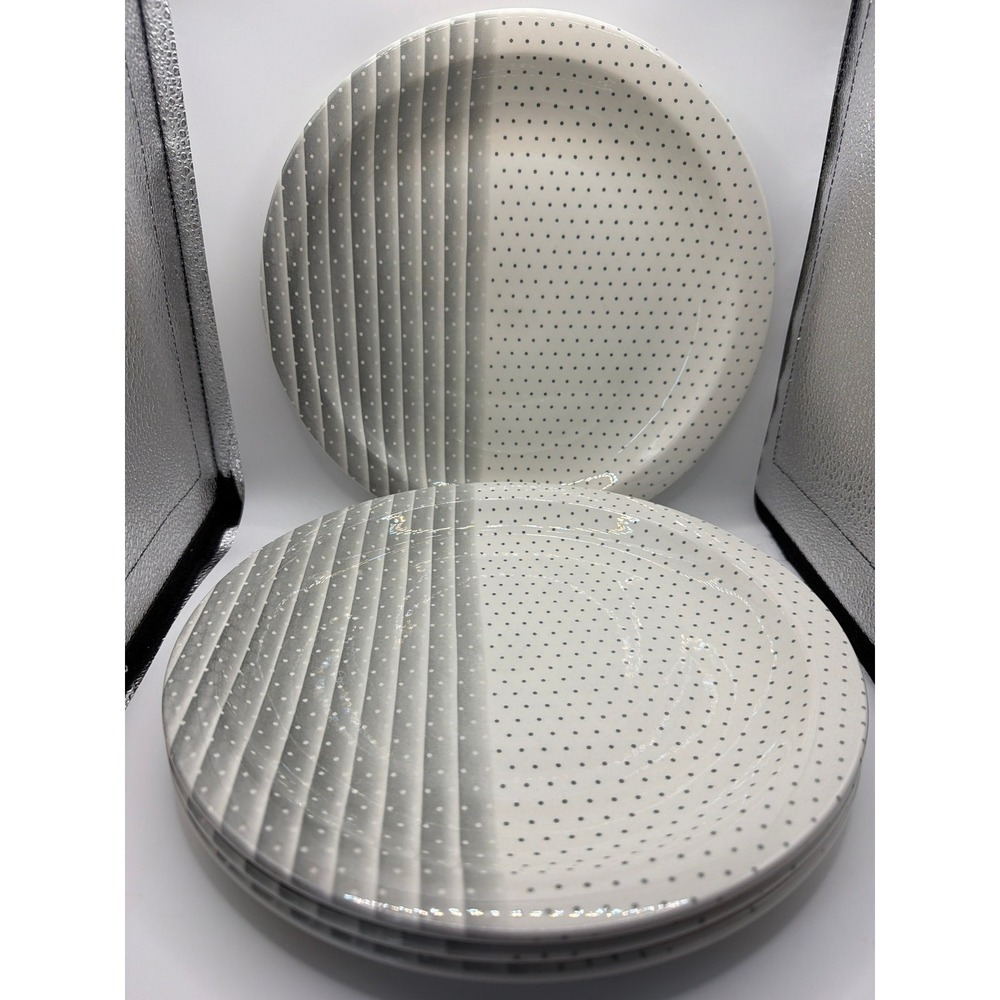 4 Churchill England Dinner Plates 10" NEW Swiss Dot Stripes Gray White Ceramic